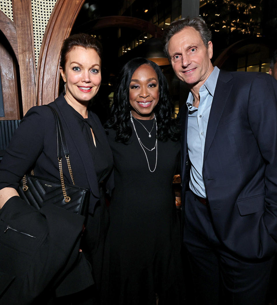 (L-R) Bellamy Young, Shonda Rhimes, and Tony Goldwyn attend the BAFTA Honours Shonda Rhimes event at the Midnight Theatre & Hidden Leaf Restaurant on May 03, 2023 in New York City.