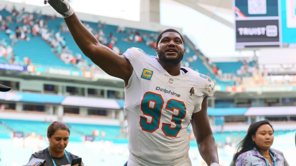 Calais Campbell celebrates the Dolphins' win over the Jaguars. - Sam Navarro/USA Today Sports via Reuters