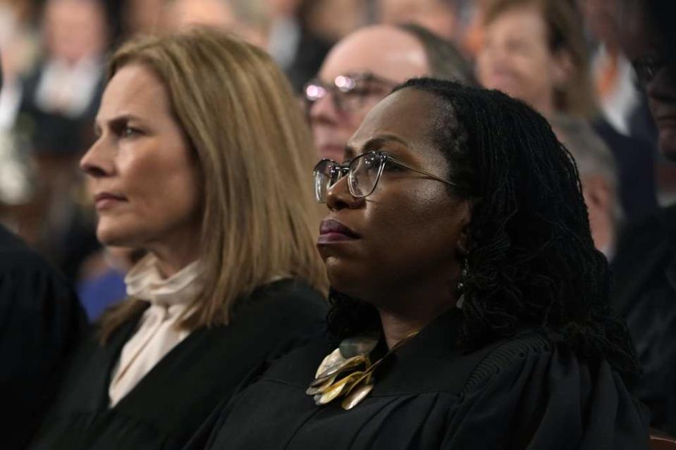 WASHINGTON, DC – FEBRUARY 07: Supreme Court Justices Amy Coney Barrett and Ketanji Brown Jackson listen as President Joe Biden delivers the State of the Union address to a joint session of Congress on February 7, 2023 in the House Chamber of the U.S. Capitol in Washington, DC. The speech marks President Biden’s first address to the new Republican-controlled House. (Photo by Jacquelyn Martin-Pool/Getty Images)