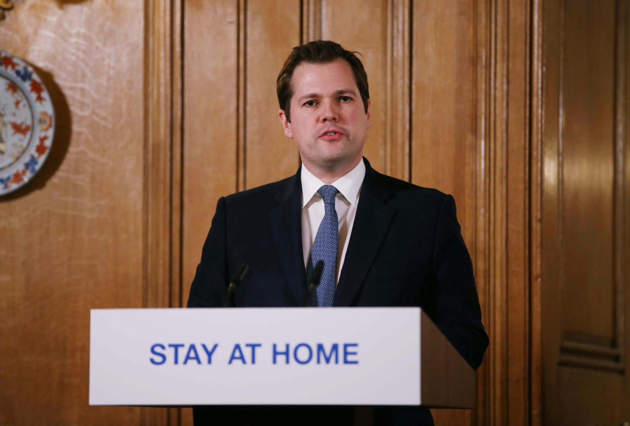 Britain's Secretary of State for Housing, Communities and Local Government Robert Jenrick speaks during a news conference on the ongoing situation with the coronavirus disease (COVID-19) in London, Britain March 22, 2020.  Ian Vogler/Pool via REUTERS