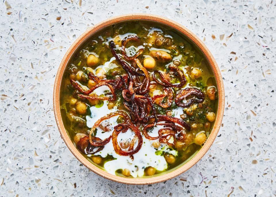 Beans and Green Soup with Salted Yogurt and Sizzled Mint