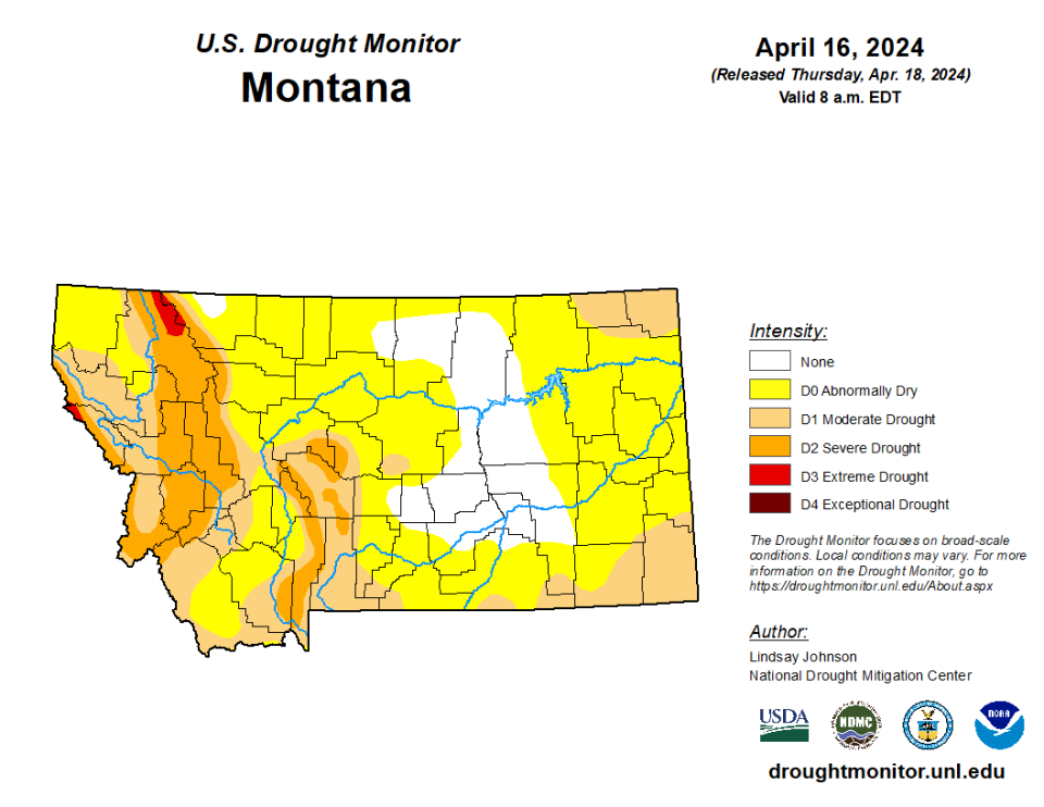 The U.S. Drought Monitor report for Montana published April 16, 2024.