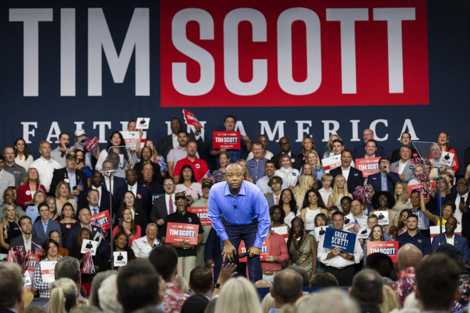 Republican presidential candidate Tim Scott delivers his speech announcing his candidacy for president of the United States on the campus of Charleston Southern University in North Charleston, S.C., Monday, May 22, 2023. (AP Photo/Mic Smith)