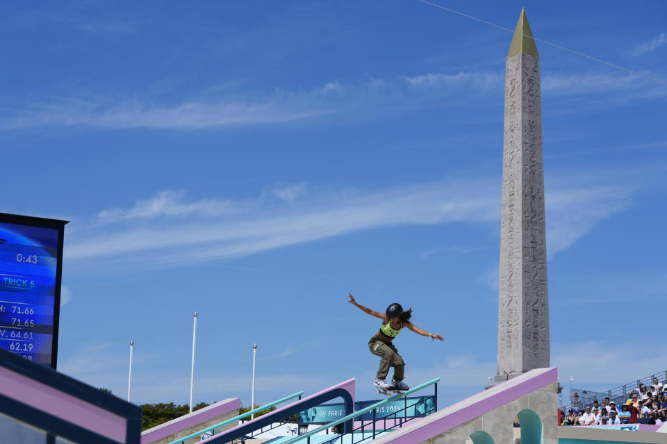 Rayssa Leal, of Brazil, competes in the women's skateboard street preliminaries at the 2024 Summer Olympics, Sunday, July 28, 2024, in Paris, France. (AP Photo/Frank Franklin II)