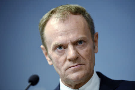 European Council President Donald Tusk reacts during his joint news conference with Finnish Prime Minister (not pictured) in Helsinki, Finland, March 14, 2018. LEHTIKUVA/Martti Kainulainen/ via REUTERS