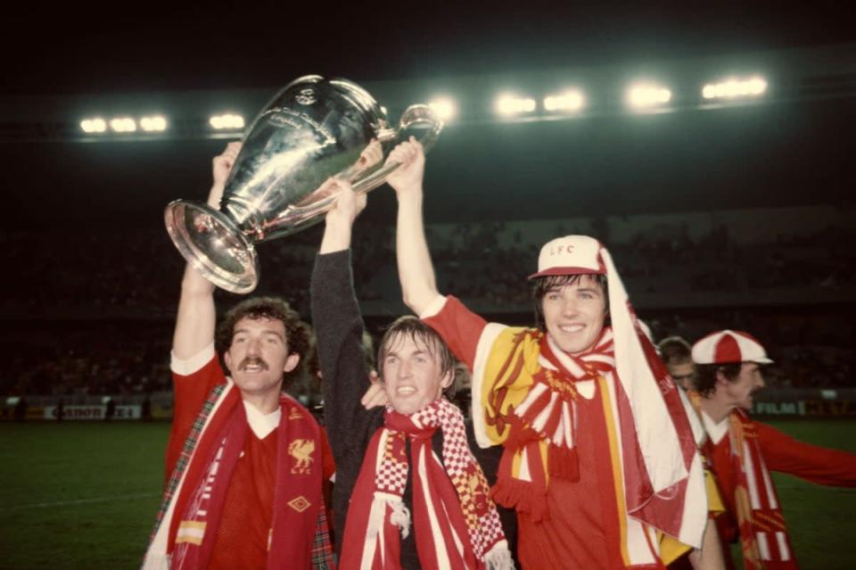 Great Scots: from left, Graeme Souness, Kenny Dalglish and Alan Hansen celebrate Liverpool’s European Cup victory over Real Madrid in Paris, 1981  (Hulton Archive)