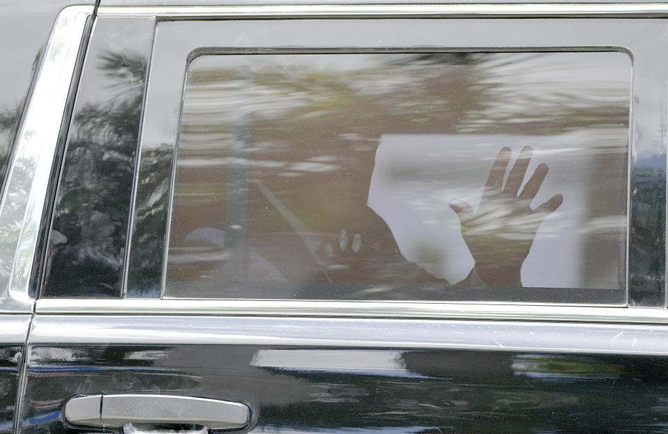 Former President Donald Trump leaves his Trump National Doral resort, Tuesday, June 13, 2023 in Doral, Fla. (AP Photo/Jim Rassol)