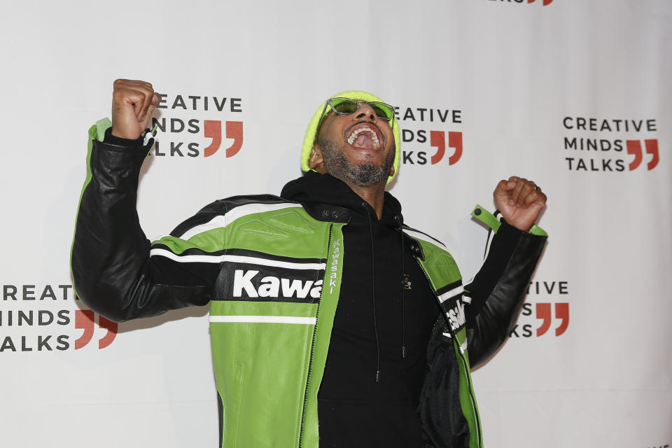 Swizz Beatz arrives to a Creative Minds Talks during Art Basel, Monday, Dec. 2, 2019, in Miami Beach, Fla. (AP Photo/Brynn Anderson)