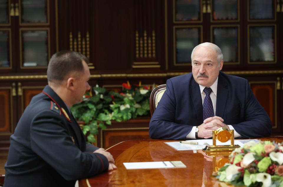<p>Lukashenko meets with Interior Minister Kubrakov in Minsk</p> (via REUTERS)