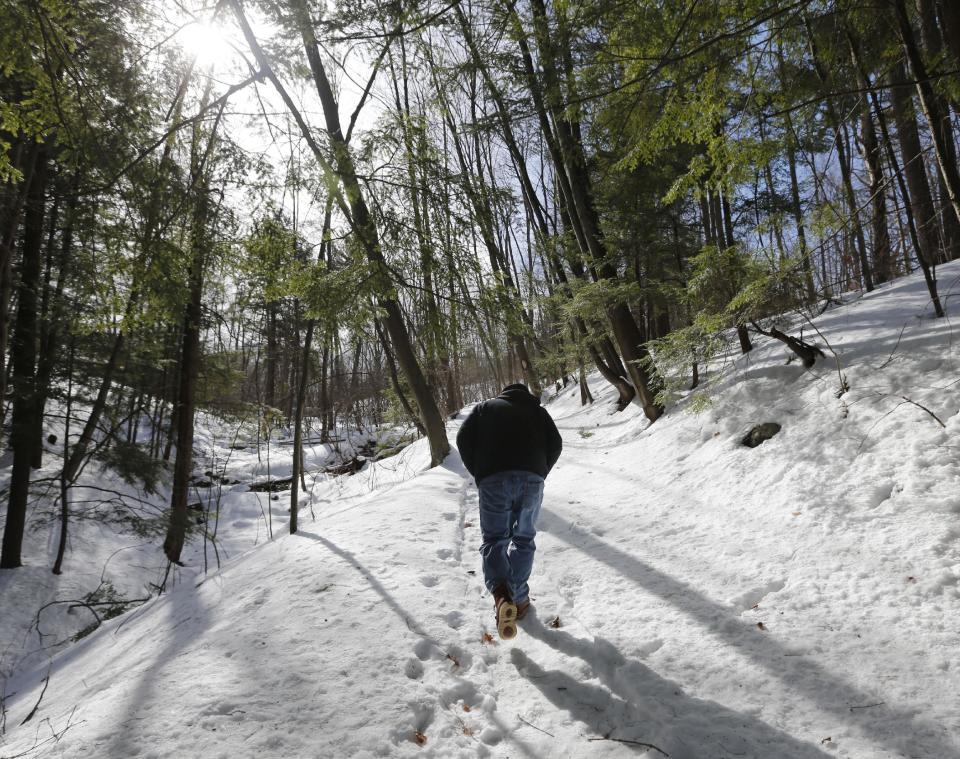 Randy Patten walks along a path in a ravine on Wednesday, Feb. 26, 2014, in Lake George, N.Y. In the 1990s, businessman Anthony Tomasovic was granted permission to fill in his vacant, sloping property bordering the ravine where British Colonial troops and their Mohawk Indian allies were ambushed by a larger force of French and Indians in 1755. The land borders the wooded ravine where about 1,000 British Colonial troops and 200 of their Mohawk Indian allies were ambushed by a larger force of French and Indians on the morning of Sept. 8, 1755. Patten is convinced many of the scores of casualties from the ambush were buried afterward in the ravine. (AP Photo/Mike Groll)