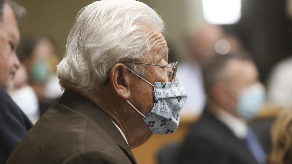 FILE -Ruben Flores, father of Paul Flores, sits in court Monday, Aug. 2, 2021, in San Luis Obispo, Calif. Kristin Smart disappeared during her freshman year at California Polytechnic State University in San Luis Obispo more than 25 years ago. She is presumed dead and her body remains missing but the man accused of killing her is going on trial Monday, July 18, 2022. Paul Flores is charged with murder and his father, Ruben Flores, is charged as an accomplice for allegedly helping him bury her body. The two have pleaded not guilty. (David Middlecamp/The Tribune (of San Luis Obispo) via AP, Pool,File)