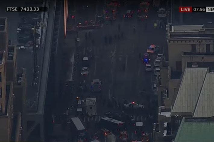 Emergency service vehicles on the street outside the bus terminal in Manhattan (Sky News)