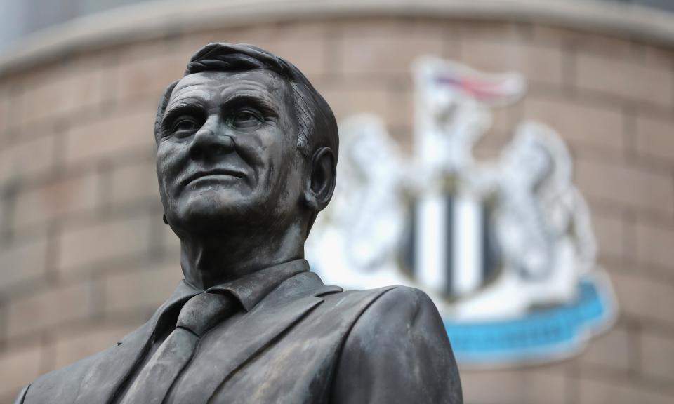 The Sir Bobby Robson statue outside St James’ Park, which has never looked better ‘if you can stomach the Sports Direct signs and logos’.