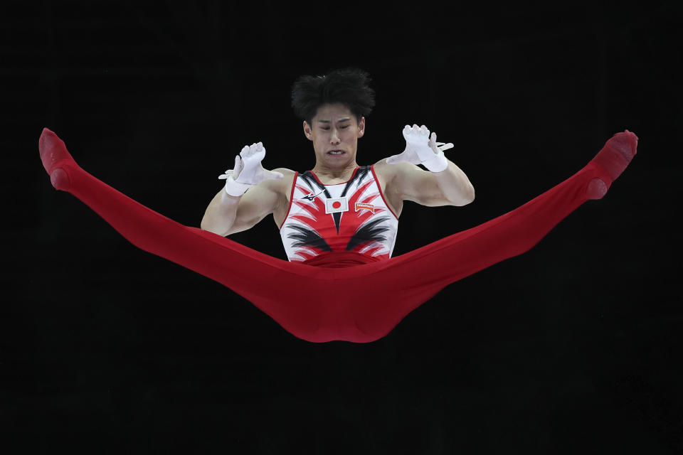 FILE - Japan's Daiki Hashimoto competes on the horizontal bar during the apparatus finals at the Artistic Gymnastics World Championships in Antwerp, Belgium, Sunday, Oct. 8, 2023. (AP Photo/Geert vanden Wijngaert, File)