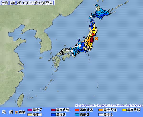 日本13日晚間以福島縣為震央發生了震度6、規模7.3的強震。（圖／翻攝自日本氣象廳）