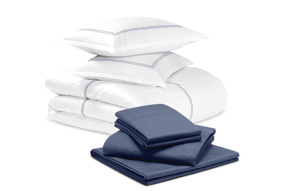 White and navy percale bedding