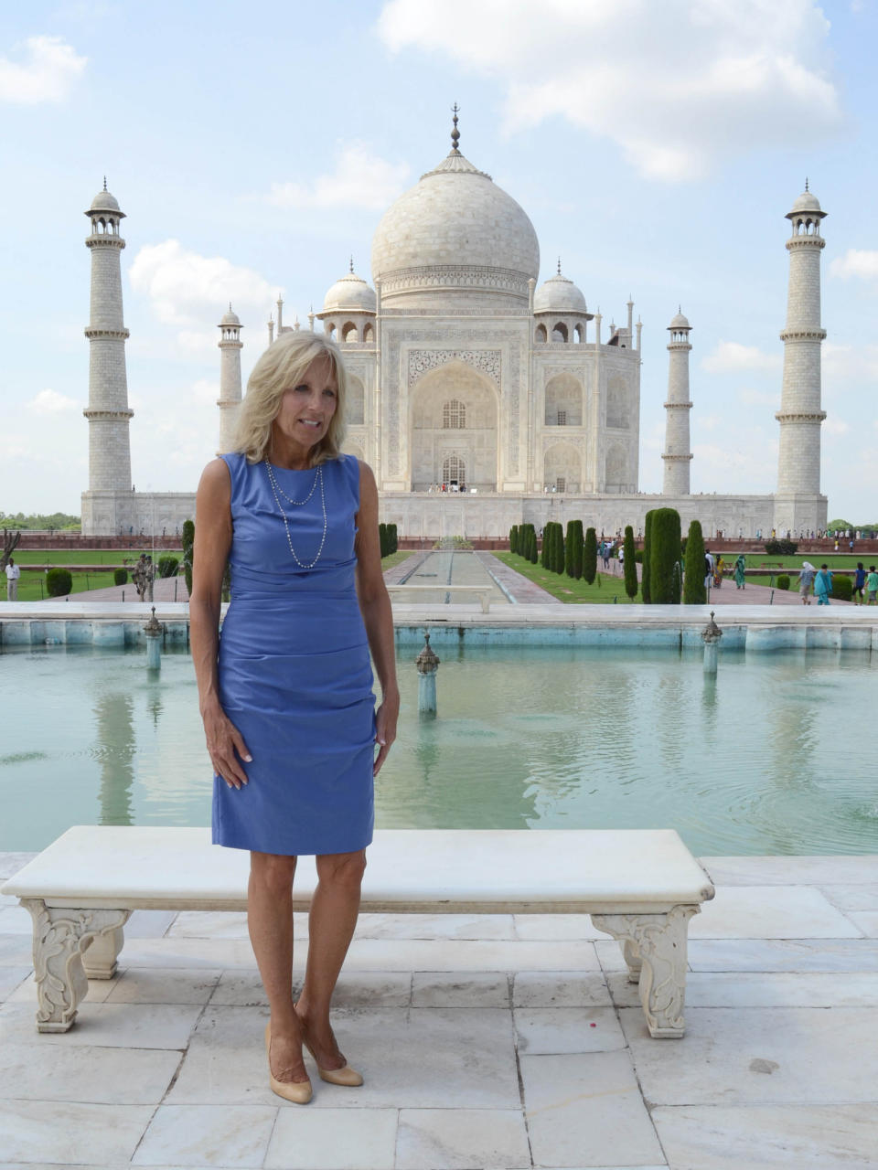 Jill Biden, wife of US Vice President Joe Biden, poses during a visit to the Taj Mahal monument in Agra on July 23, 2013.   (STRDEL/AFP/Getty Images)