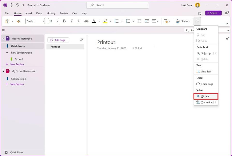 OneNote dictate