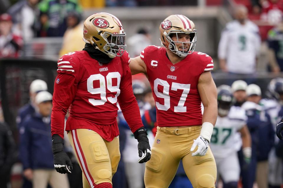 San Francisco 49ers defensive tackle Javon Kinlaw (99) and defensive end Nick Bosa (97) helped dominate the Seattle Seahawks and Dallas Cowboy in the playoffs.