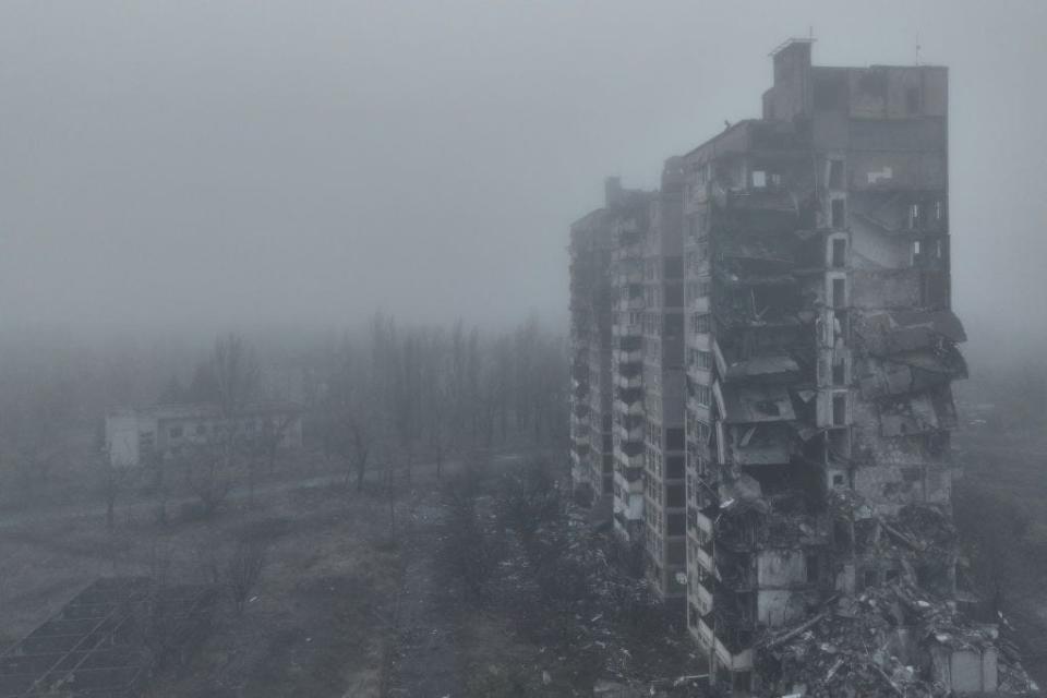 A bird's-eye view of the destroyed buildings of the city of Avdiivka on October 26, 2023 in Avdiivka, Ukraine.