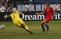 United States forward Tobin Heath, right, scores past New Zealand goalkeeper Erin Nayler during the first half of an international friendly soccer match Thursday, May 16, 2019, in St. Louis. (AP Photo/Jeff Roberson)