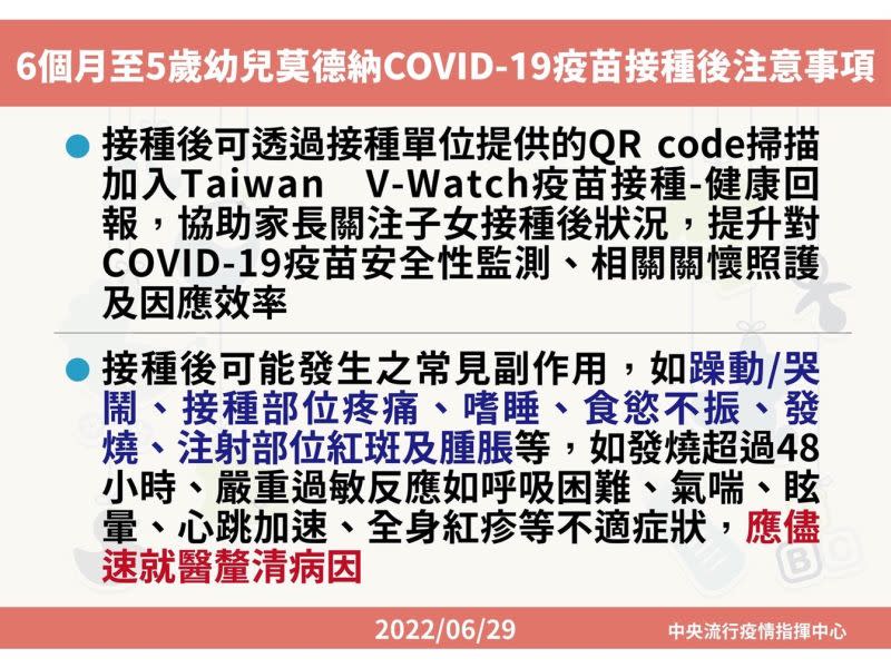 ▲6個月至5歲幼兒接種莫德納疫苗注意事項。（圖／高市府提供）