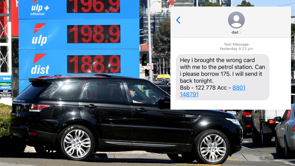 An image of a car at a petrol station with a copy of the scam text message.