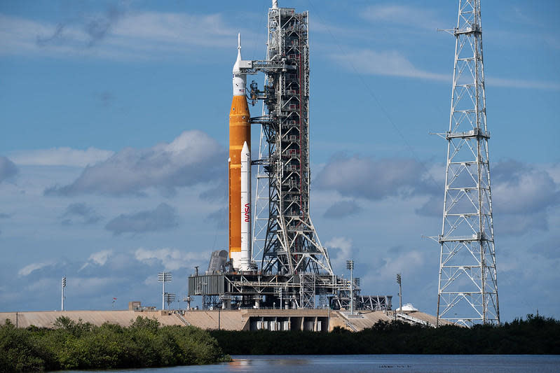 A NASA photographer captured this view of the Space Launch System rocket atop pad 39B at the Kennedy Space Center on November 11. Engineers plan to start another countdown early Monday, setting the stage for a launch attempt Wednesday at 1:04 a.m. EST. / Credit: NASA/Joel Kowsky