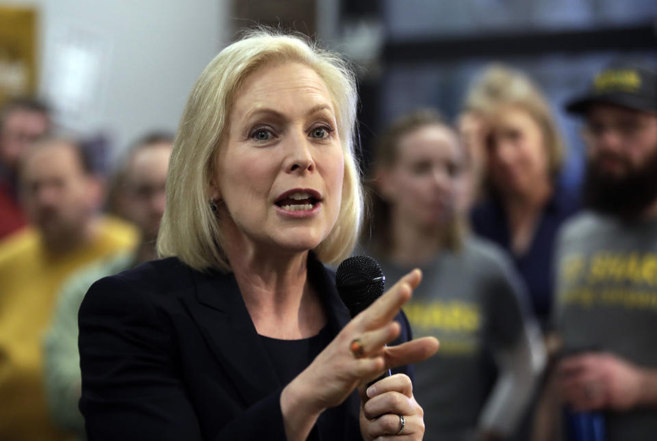 &ldquo;Brave doesn&rsquo;t spread hate. Cloud truth. Build a wall. That&rsquo;s what fear does,&rdquo;&nbsp;Kirsten Gillibrand says in her announcement video. (Photo: ASSOCIATED PRESS)