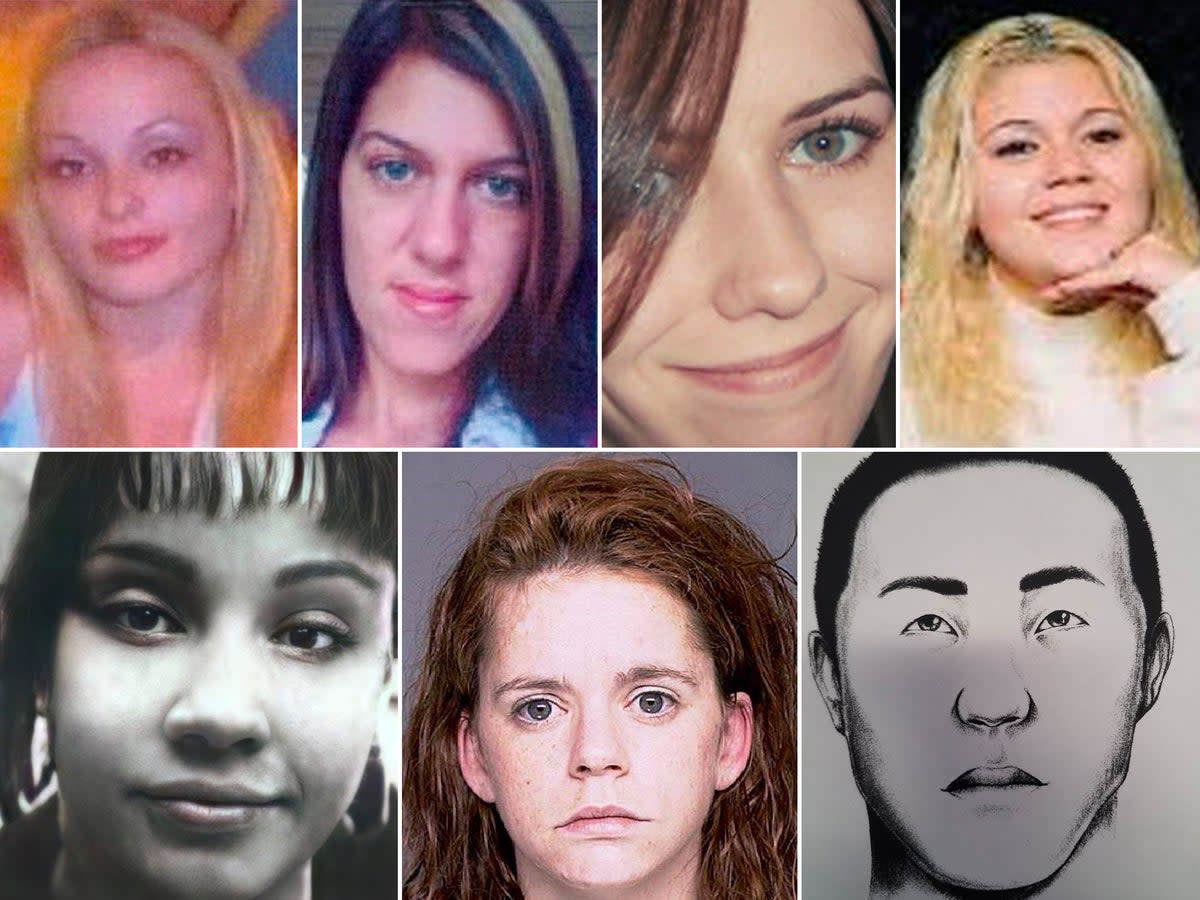 From L: (top) Melissa Barthelemy, Maureen Brainard-Barnes, Amber Lynn Costello, Megan Waterman (bottom) Jessica Taylor, Valerie Mack, John Doe  (Suffolk County Police Department)