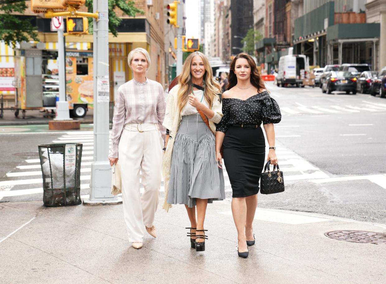 Three-quarters of the "Sex and the City" gals return for the HBO Max reboot, "And Just Like That...": Miranda Hobbes (Cynthia Nixon), Carrie Bradshaw (Sarah Jessica Parker) and Charlotte York (Kristin Davis).