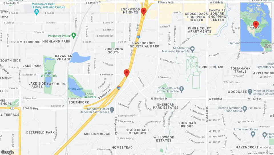A detailed map that shows the affected road due to 'Crash reported on eastbound I-35 in Olathe' on December 8th at 6:10 p.m.