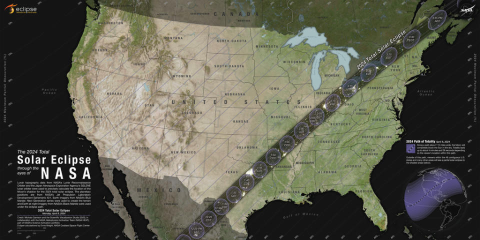 The total solar eclipse will be visible along a narrow track stretching from Texas to Maine on April 8. A partial eclipse will be visible throughout all 48 contiguous U.S. states. NASA