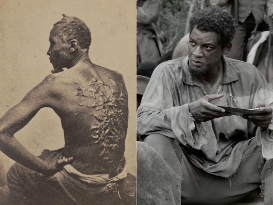 Diptych of Will Smith in Emancipation and Gordon, whose true story the movie is inspired by
