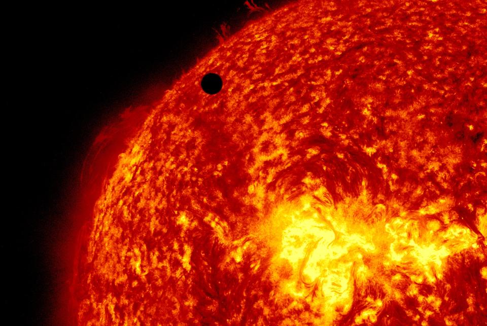 IN SPACE - JUNE 5:  In this handout image provided by NASA, the SDO satellite captures a ultra-high definition image of the Transit of Venus across the face of the sun at on June 5, 2012 from space. The last transit was in 2004 and the next pair of events will not happen again until the year 2117 and 2125. (Photo by SDO/NASA via Getty Images)