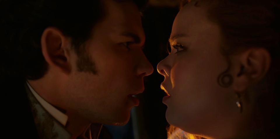 Luke Newton as Colin Bridgerton and Nicola Coughlan as Penelope Featherington on season three, episode four of "Bridgerton."