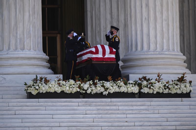 Casket of the late Supreme Court Justice Ruth Bader Ginsburg arrives at the U.S. Supreme Court in Washington