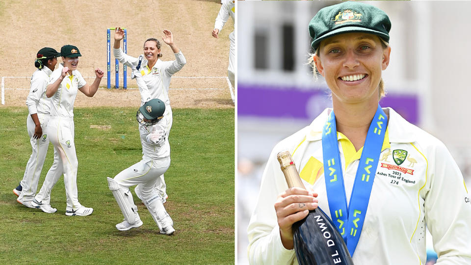 Ashleigh Gardner celebrates a wicket with Alyssa Healy and Gardner wins the player-of-the-match award.