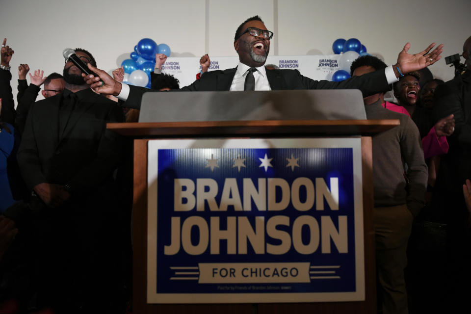 Chicago mayoral candidate Cook County Commissioner Brandon Johnson celebrates with supporters, Tuesday, Feb. 28, 2023, in Chicago. Johnson and Paul Vallas will meet in a runoff to be the next mayor of Chicago after voters denied incumbent Lori Lightfoot a second term. (AP Photo/Paul Beaty)