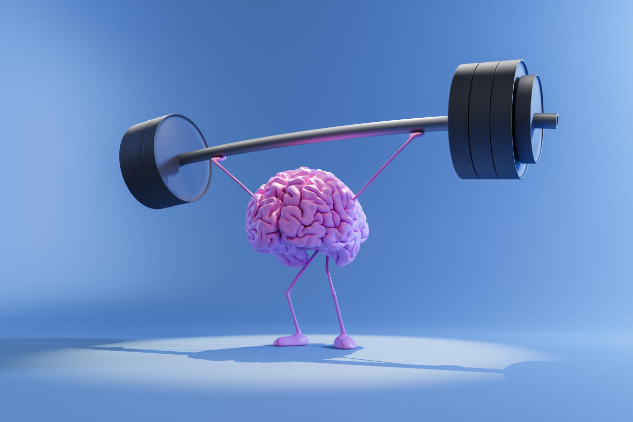 Photo illustration of an animated brain lifting weights.