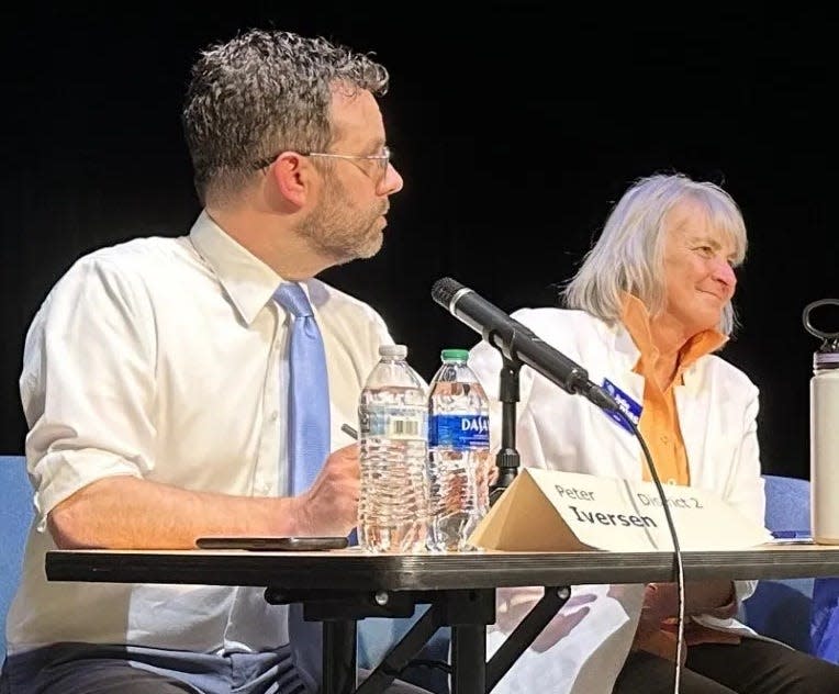 Candidates for Monroe County Commissioner recently participated in a debate organized by the League of Women Voters of Bloomington-Monroe County. From left are Peter Iversen and Julie Thomas, both candidates for the Democratic Party nomination for District 2.