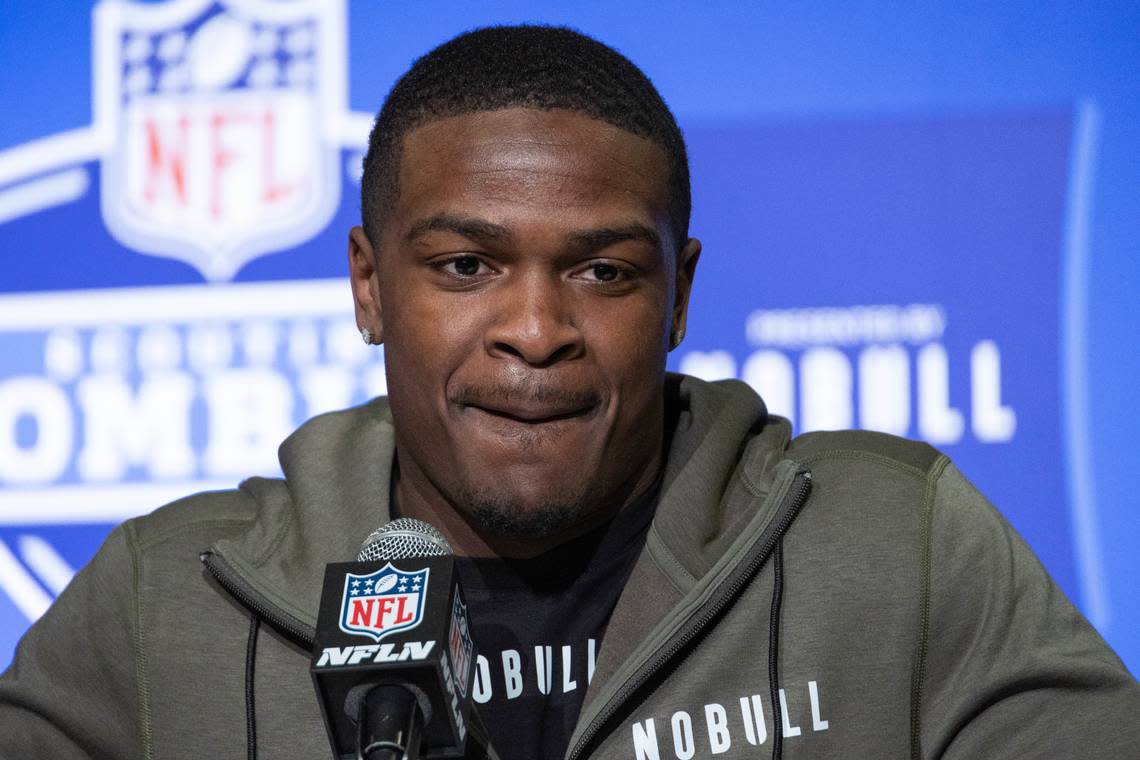 Mar 4, 2023; Indianapolis, IN, USA; Texas A&M running back Devon Achane (RB02) speaks to the press at the NFL Combine at Lucas Oil Stadium. Mandatory Credit: Trevor Ruszkowski-USA TODAY Sports