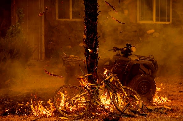 A bicycle and palm tree burn at a residence during the LNU Lightning Complex fire in the Spanish Flat area of Napa, California.