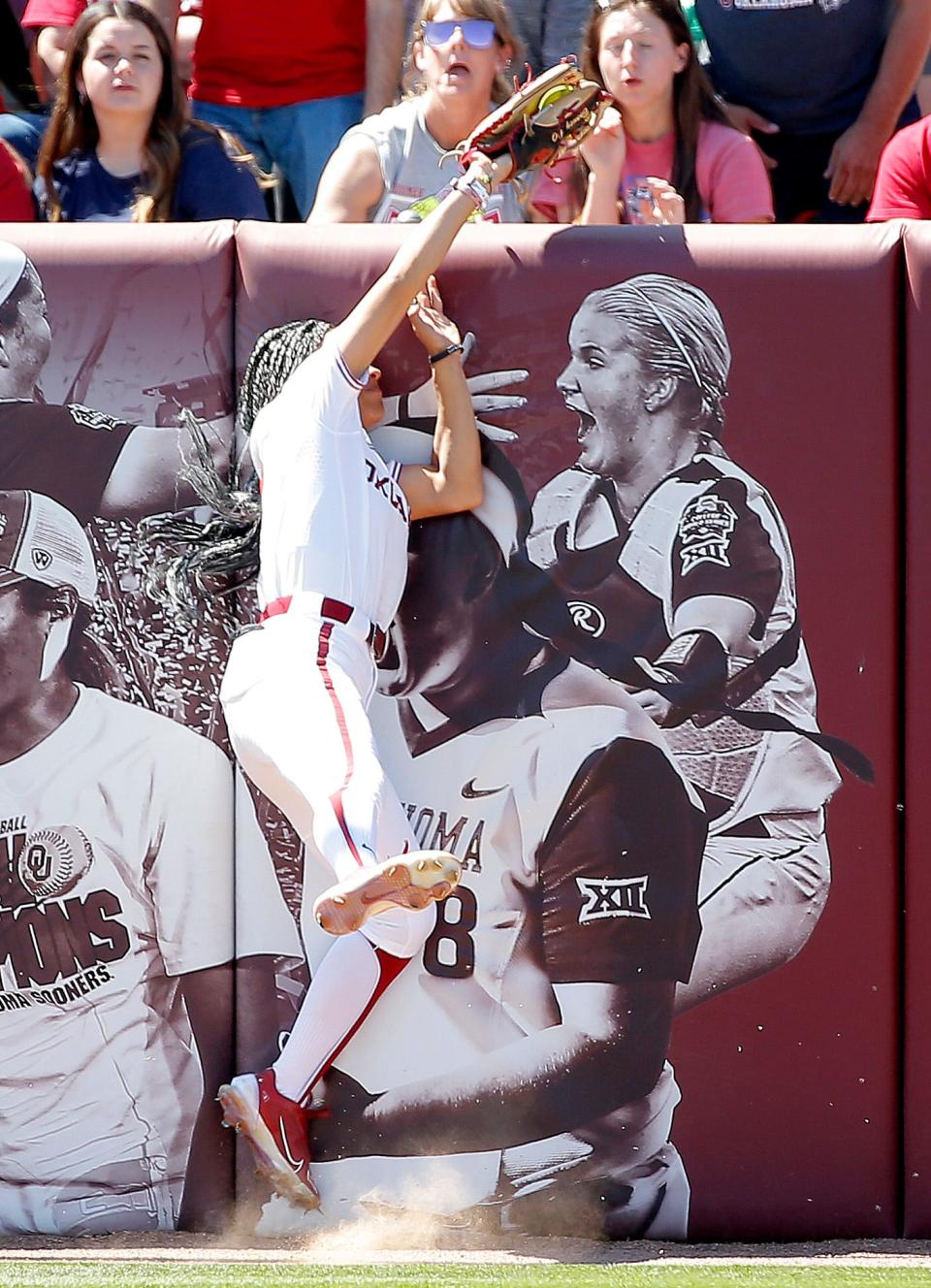 Oklahoma's Rylie Boone (0) makes a catch in the fourth inning during the college softball game between Oklahoma Sooners and the Texas Tech Red Raiders at the Marita Hynes Field in Norman, Okla., Saturday, April, 8, 2023.