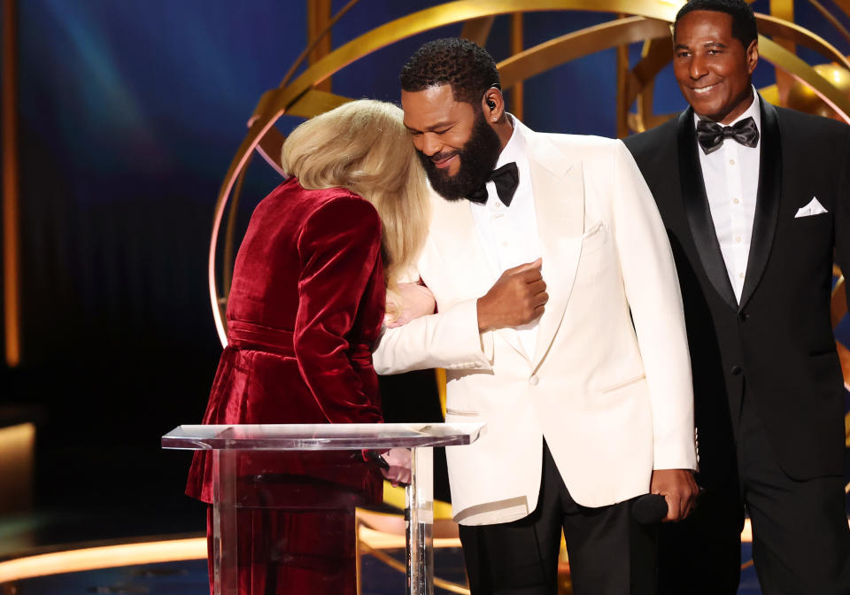 Christina Applegate and host Anthony Anderson speak onstage at the 75th Primetime Emmy Awards held at the Peacock Theater on January 15, 2024 in Los Angeles, California. (Photo by Christopher Polk/Variety via Getty Images)