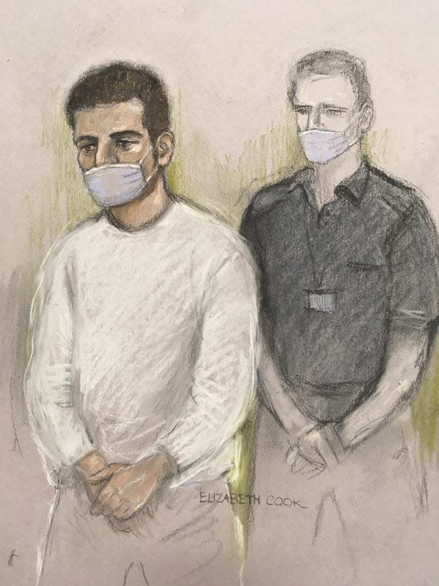 File photo dated 29/06/20 of a court artist sketch by Elizabeth Cook of Khairi Saadallah appearing via video-link at Westminster Magistrates’ Court.