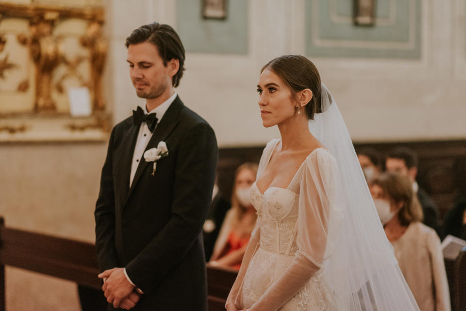 The Bride Wore Feathers for Her Civil Ceremony in London, and a Dress Embroidered With Peonies to Her Micro-Wedding in Portugal