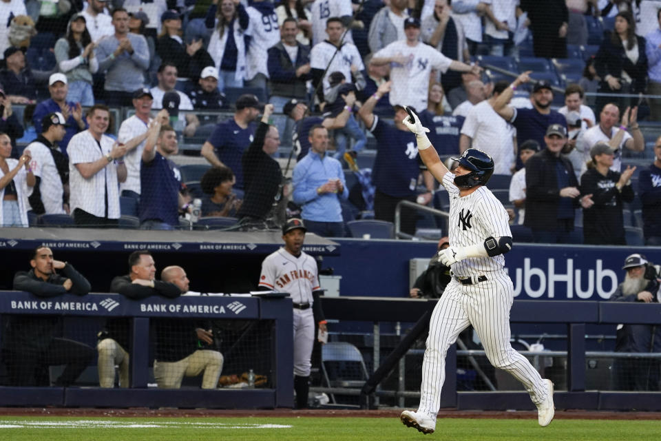 New York Yankees' Josh Donaldson runs the bases after hitting a one-run home run in the eighth inning of a baseball game against the San Francisco Giants, Saturday, April 1, 2023, in New York. (AP Photo/Mary Altaffer)