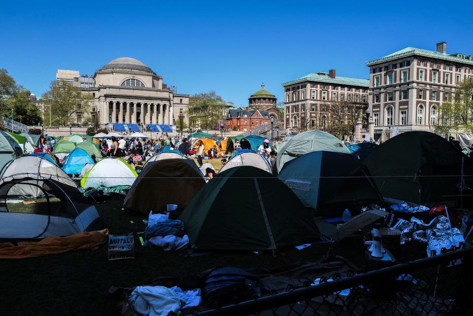 Pro-Palestian protesters gather on the campus of Columbia University in New York City on April 23, 2024.