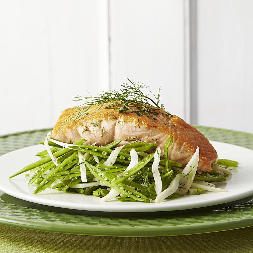 Seared Salmon with Sugar Snap-Fennel Slaw